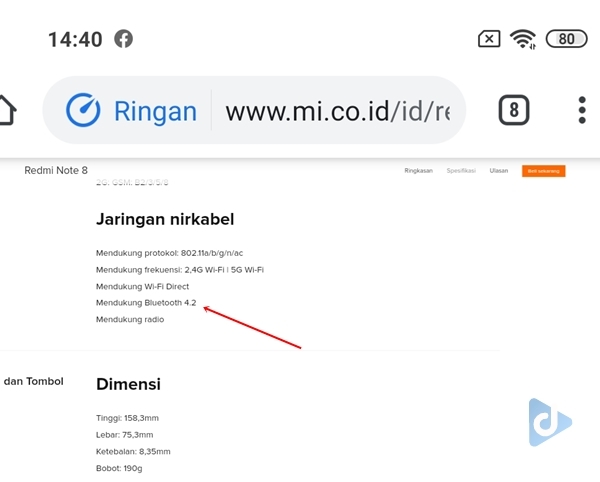 cek spesifikasi bluetooth dari situs resmi