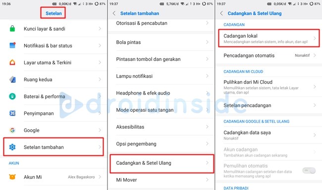 menu cadangkan & setel ulang xiaomi