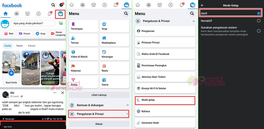 cara dark mode facebook android