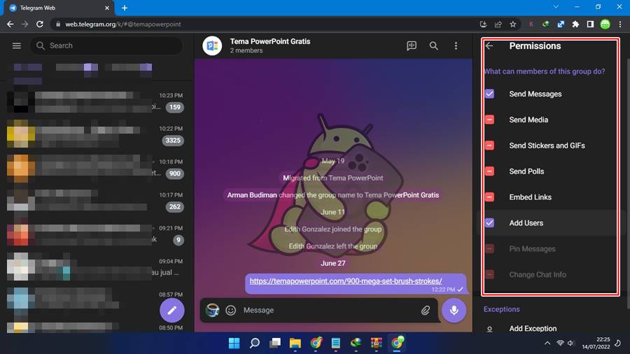 Slow Mode tidak ada di Telegram Web